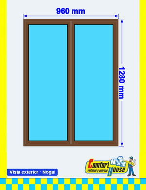 Ventana de PVC 96 x 128 cm, 2 hojas (practicable + oscilobatiente), blanco/nogal &ndash; EN STOCK