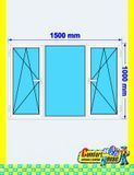 PVC window: 2 tilt-and-turn casements + fixed pane 150x100 cm, white, without roller shutter