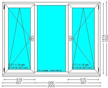Ventana de pvc 200 x 150 cm 2 hojas oscilobatiente + 1 fijo sin persiana Blanca